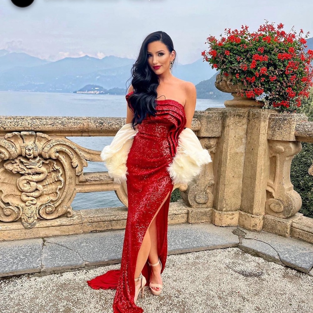 Nicole Bakti Red Sequin Strapless Gown Size 2
